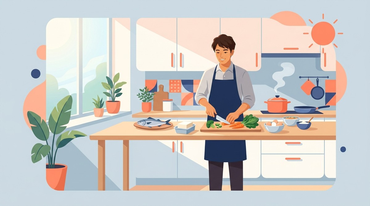 AGAと食事の関係を示す、健康的な食材で調理する男性のイラスト