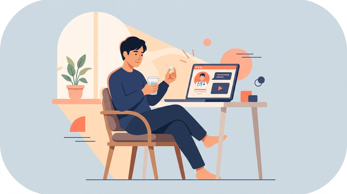 自宅のパソコンでオンライン診療を受けながら服薬する男性のイラスト(AGA治療の月額費用)