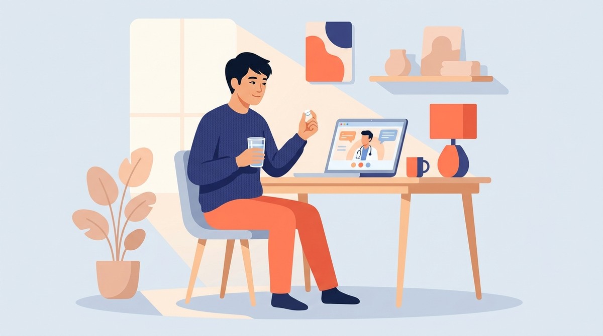 自宅でオンライン診療を受けながらフィナステリドを服用する男性のイラスト(フィナステリドはいつから効くか)