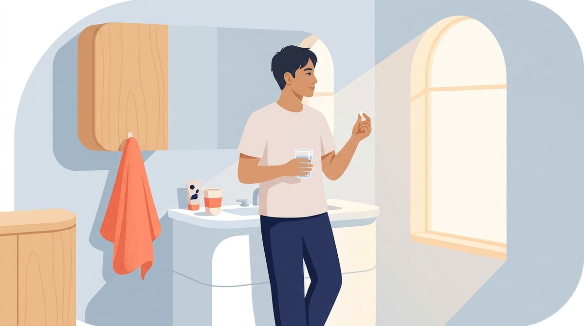 朝のルーティンでフィナステリドを服用する男性のイラスト
