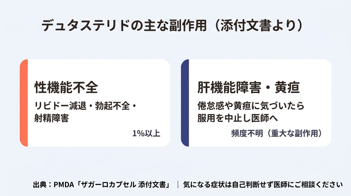 デュタステリドの主な副作用。添付文書では性機能不全(リビドー減退・勃起不全・射精障害)が1%以上、肝機能障害は重大な副作用(頻度不明)