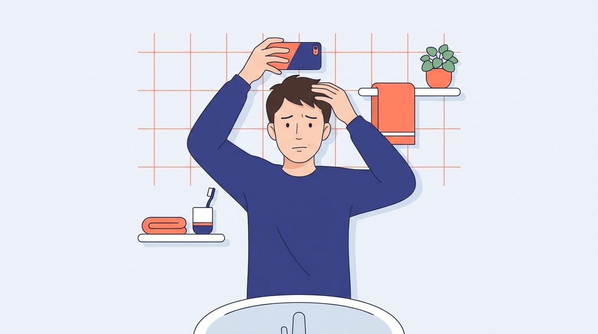 洗面台の鏡で頭頂部の薄毛を確認する30代男性のイラスト(AGAセルフチェックの方法)