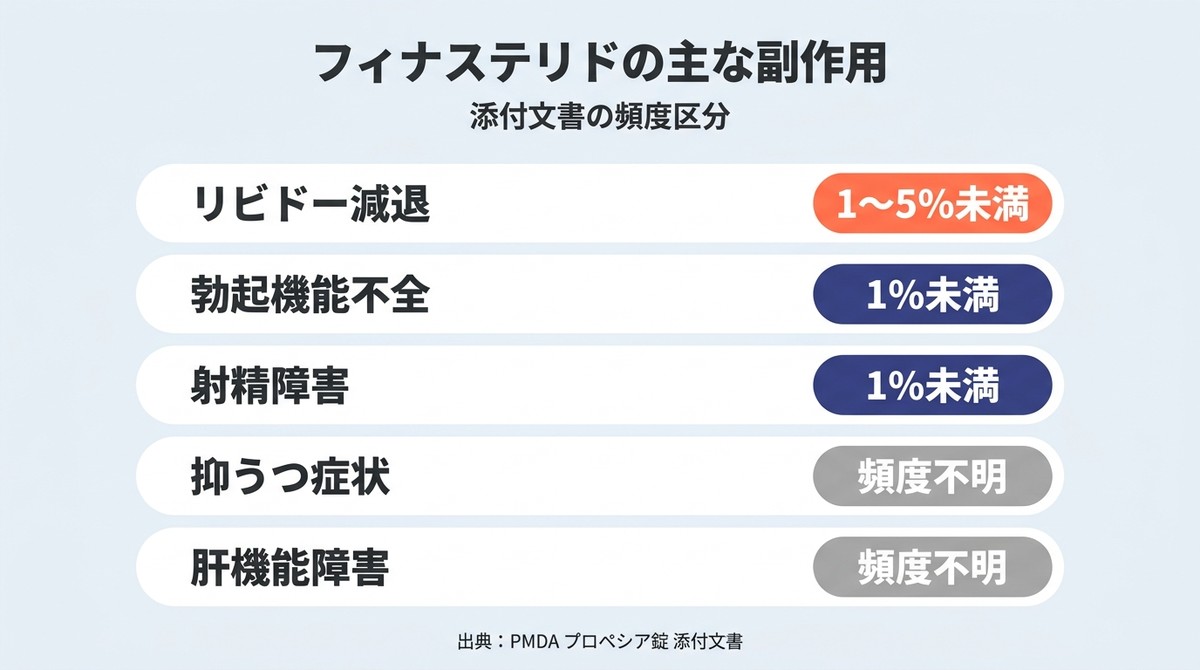 フィナステリドの主な副作用と発現頻度。リビドー減退は1〜5%未満、勃起機能不全・射精障害は1%未満、抑うつ症状・肝機能障害は頻度不明(PMDA プロペシア錠 添付文書)