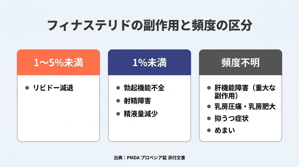 フィナステリドの主な副作用と発現頻度。リビドー減退は1〜5%未満、勃起機能不全・射精障害・精液量減少は1%未満、肝機能障害・乳房圧痛・抑うつ症状・めまいは頻度不明(PMDA プロペシア錠 添付文書)