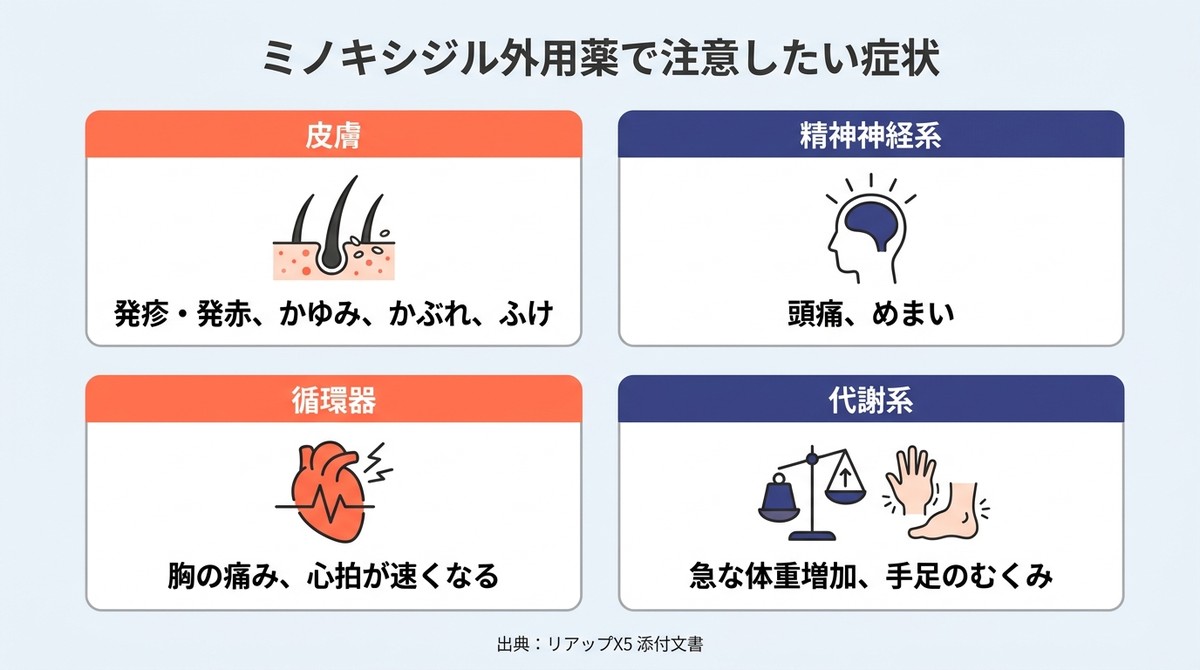 ミノキシジル外用薬5%の主な副作用。皮膚(発疹・発赤、かゆみ、かぶれ、ふけ)、精神神経系(頭痛、めまい)、循環器(胸の痛み、心拍が速くなる)、代謝系(急な体重増加、手足のむくみ)(添付文書)